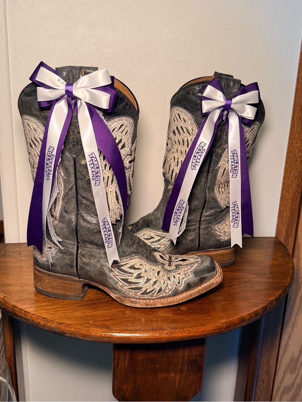 Purple White Ribbon Boot Bows - Texas game day